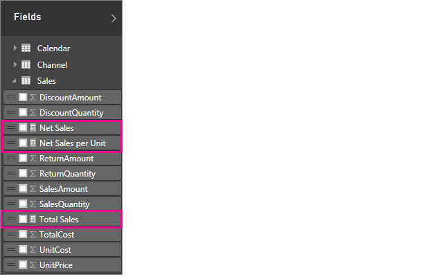 Power BI Desktopの「テーマ」を使うフィールドビューにある計算機のマークは？